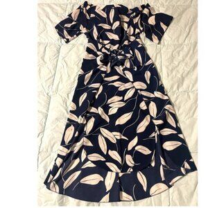 Navy Short-Sleeved Dress with Botanical Print